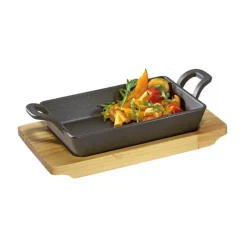 Servierpfanne eckig Gusseisen mit Holzbrett 21,5x12,5x6cm<Küchenprofi Online